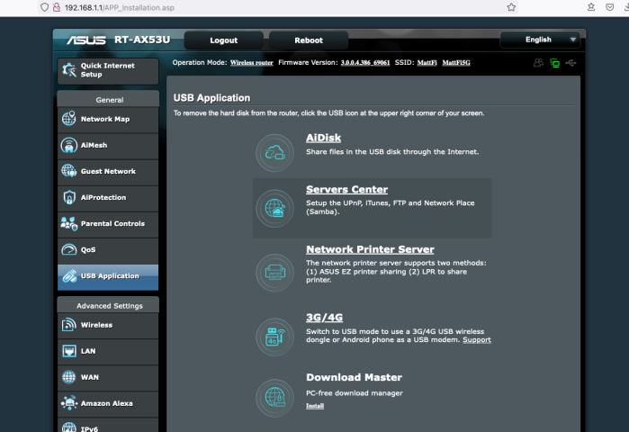 Screenshot of ASUS router config page, showing USB applications