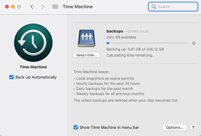 Screenshot of Apple Time machine, showing 3Gb out of 330Gb backed up.