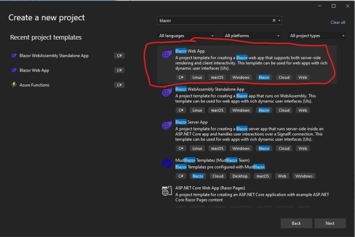 Visual Studio new Project dialog box, showing Blazor Web App
